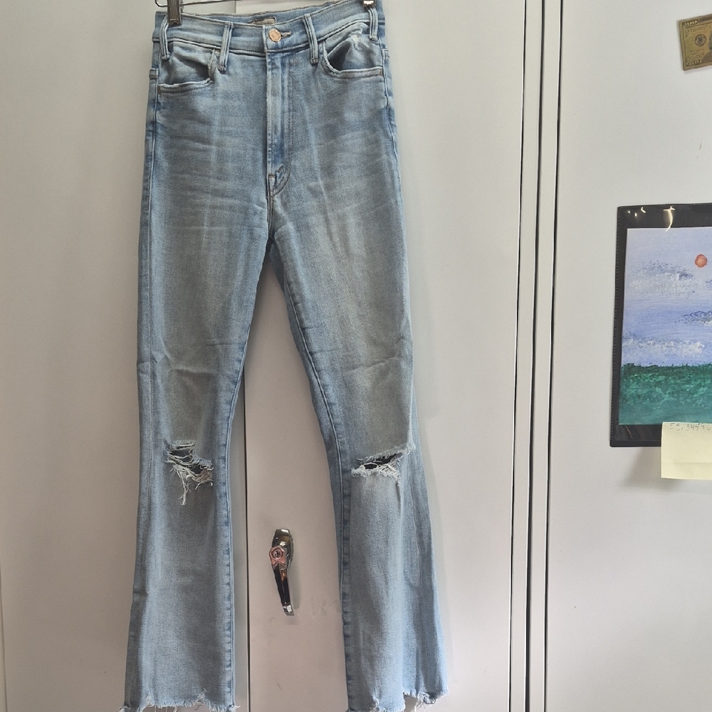 MOTHER Light Blue Distressed Flare Jeans